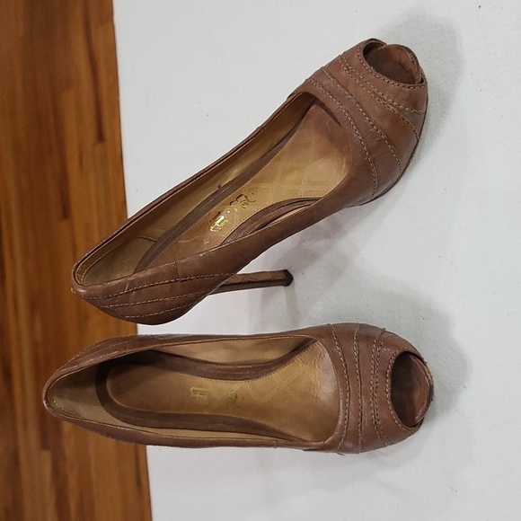 LAMB Vero Cuoio Womens Brown Leather Stilettos Peep Toe Size 6.5 GUC - Picture 1 of 12